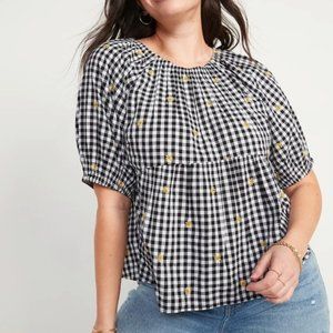 Old Navy Gingham Daisy Patterned Puff Sleeve Blouse